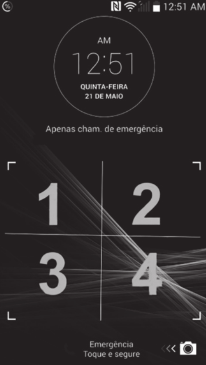 Ilustração da tela de um celular. Abaixo do relógio, que aparece na parte superior, há duas linhas em cruz formando quatro regiões. Em cada uma delas há um número grande, de 1 a 4.