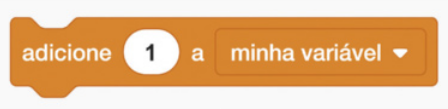 Ilustração de um bloco de programação de cor laranja. Nele está escrito 'adicione', 1, 'a', 'minha variável'.