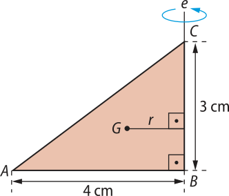 Ilustração de um triângulo A B C, retângulo em B. Ele está apoiado sobre o cateto maior, A B, de medida 4 centímetros. Sobre o cateto menor B C, de medida 3 centímetros, há uma reta 'e' com uma seta em sinal de rotação. No interior do triângulo há um ponto G, extremidade de um segmento que termina no cateto B C e é perpendicular a ele. Este segmento é indicado por 'r'.