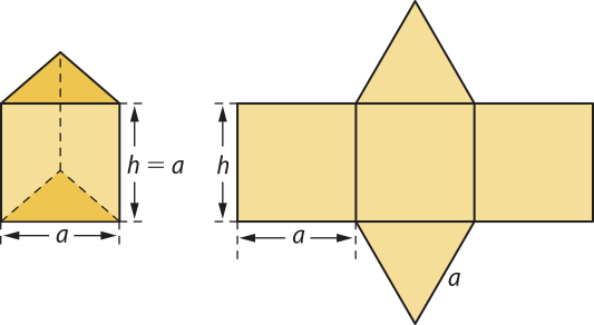 Ilustração de um prisma com a respectiva planificação. O prisma tem bases triangulares, de aresta 'a', e as arestas laterais têm medida 'a' também. Nestas está indicada a igualdade 'h = a'. Ao lado está a planificação deste prisma. Consiste em três quadrados com as medidas 'h' e 'a' indicadas. Estão um ao lado do outro. Em cima e embaixo do quadrado do meio há um triângulo de lado 'a'.
