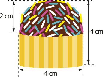 Ilustração de um brigadeiro. Ele está encaixado em uma embalagem de formato cilíndrico, de 4 centímetros de diâmetro. O brigadeiro possui formato esférico e a parte que fica para fora da embalagem tem altura 2 centímetros. A altura total do brigadeiro com a embalagem é de 4 centímetros.
