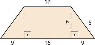Ilustração de um trapézio isósceles. A base menor tem medida 16. Os lados não paralelos têm medida 15. As alturas, denominadas 'h', estão traçadas em pontilhado, ligando as extremidades da base menor a pontos na base maior. Dessa  forma, a base maior fica dividia em três partes: uma de medida 16, ao centro, e duas de medida 9, nas extremidades.