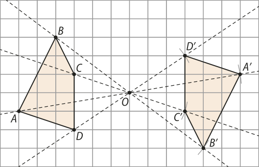 Ilustração de dois polígonos refletidos, em malha quadriculada. O primeiro polígono representado possui vértices A B C D, correspondentes aos vértices A' B' C' D', nesta ordem, do segundo polígono. Todos os segmentos de reta ligando vértices correspondentes nos dois polígonos passam por um ponto O, localizado entre os dois.