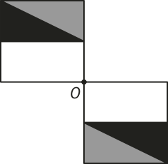 Ilustração de dois quadrados. O primeiro é a figura original. Ela se une a outro quadrado pelo ponto O, em seu canto inferior direito. Neste segundo quadrado, o triângulo cinza e preto está na metade inferior, estando a metade superior em branco. As cores estão como na alternativa anterior, porém o cateto menor de cada um trocou de lado.