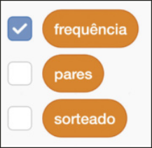 Ilustração de três blocos, de cor laranja. Está escrito, em cada um: 'frequência', 'pares', e 'sorteado'. A frente do bloco com a palavra frequência há um sinal de verificação, em fundo azul.