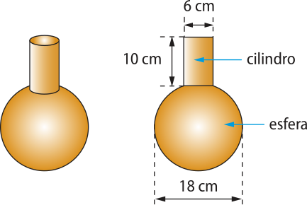 Ilustração de um sólido composto por uma esfera e um cilindro. A esfera possui 18 centímetros de diâmetro. Sobre ela há um cilindro de 6 centímetros de diâmetro e 10 centímetros de altura.