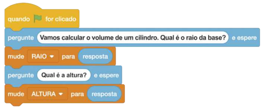 Continuação da sequência de blocos anteriormente descrita. Abaixo do bloco laranja há outro bloco azul, onde está escrito: 'pergunte'; 'Qual é a altura', em um fundo branco; 'e espere'. Abaixo dele há outro bloco de cor laranja, onde está escrito: 'mude'; 'ALTURA'; 'para'; 'resposta'.