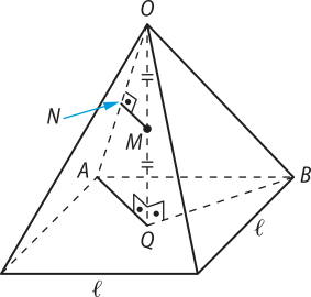 Ilustração de uma pirâmide de base quadrada e vértice O. O lado do quadrado da base tem medida expressa por 'l'. Um segmento pontilhado liga o vértice O ao centro Q da base e este segmento é perpendicular ao segmento que liga o centro Q ao vértice A e o ao segmento que liga Q ao vértice B. No ponto médio do segmento O Q há um ponto M e na aresta O A há um ponto N, de forma que o segmento que liga estes dois pontos é perpendicular à aresta O A.