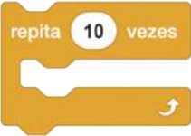 Ilustração de um bloco de cor laranja com um vão no meio, para encaixe de outros blocos. Na parte superior está escrito 'repita', 10, 'vezes'. Na parte de baixo há uma seta apontando para cima.