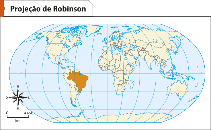 Projeção de Robinson do globo terrestre. Os meridianos são linhas curvas e os paralelos são linhas retas.