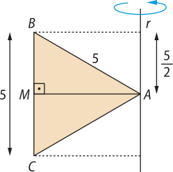 Ilustração de um triângulo e uma reta vertical 'r'. Na reta está o ponto A, um dos vértices do triângulo A B C. O lado B C tem medida 5 e um ponto M nesse mesmo lado o divide em duas partes de tamanho fração: 5 sobre 2. O segmento que liga M ao ponto A é perpendicular ao lado B C. No topo da reta 'r' há uma seta indicando rotação.