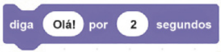 Ilustração de um bloco de programação de cor roxa. Nele está escrito: 'diga'; 'Olá' em um fundo branco; 'por'; 2, em um fundo branco; 'segundos'.