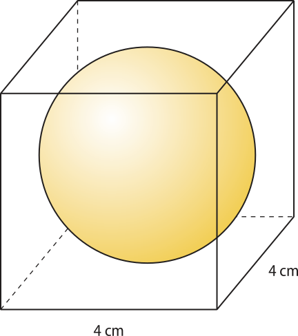 Ilustração de uma esfera inscrita em um cubo de 4 centímetros de lado.