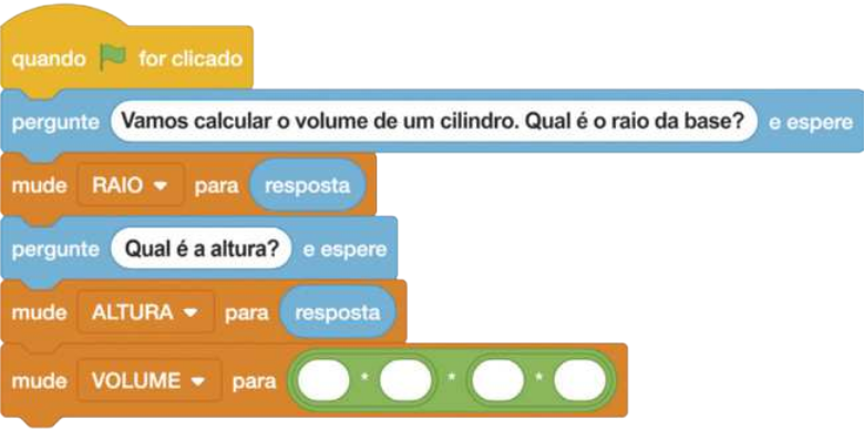 Continuação da sequência de blocos anteriormente descrita. Abaixo do último bloco de cor laranja foi encaixado outro bloco, também de cor laranja, onde está escrito: 'mude'; 'VOLUME'; 'para'; E termina com dois blocos verdes, cada um com dois espaços em branco.