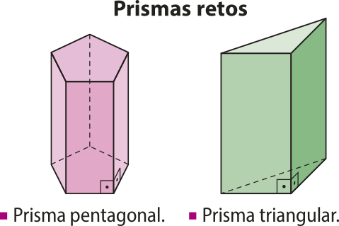 Ilustração de prismas retos. Há um prisma pentagonal, cujas bases são pentágonos, e um prisma triangular, cujas bases são triângulos. As arestas das faces laterais são todas perpendiculares ao plano das bases.
