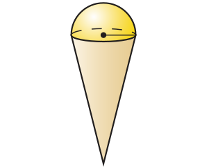 Ilustração de um sólido composto de um cone e uma semiesfera. A semiesfera está sobre o cone e possui raio de mesma medida do raio da base do cone.
