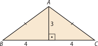Ilustração de um triângulo isósceles A B C. Os lados A B e A C são congruentes e a altura relativa à base B C está traçada e tem medida 3. A altura é perpendicular à base e a divide em dois segmentos de mesma medida 4.