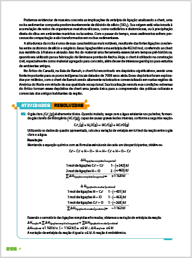 Página em miniatura da seção com o título Atividades resolvidas. Página composta por textos e esquemas químicos.
