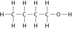 Estrutura química formada por símbolos de elementos químicos e linhas. Há uma sequência de quatro elementos C ligados por linhas simples e com cada C ligado a dois elementos H, um acima, outro abaixo, todos por linhas simples. O primeiro elemento C da também está ligado a um terceiro elemento H à esquerda. O quarto elemento C também está ligado a um elemento O à direita, que está ligado a um elemento H.