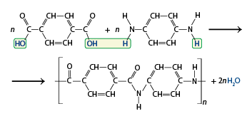 Esquema com uma reação química. Na parte superior estão duas estruturas separadas por um sinal de mais e à esquerda de cada uma também há um n. Em uma estrutura há dois elementos C conectados entre si à esquerda e dois elementos C conectados entre si à direita. Os elementos C das extremidades estão conectados a um elemento O por uma linha dupla, e a um grupo H O por uma linha simples. O grupo H O da esquerda está destacado. Os outros dois C, cada um está ligado a um grupo C H na parte superior, por uma linha dupla. E estão ligados a um grupo C H na parte inferior por uma linha simples. Na parte superior os dois C H estão ligados entre si por uma linha simples, e na parte inferior estão ligados entre si por uma linha dupla. A segunda estrutura tem um elemento N ligado a um elemento C à esquerda; e um elemento C ligado a um elemento N à direita. Em ambos os lados, cada N está ligado a dois elementos H, todos por linhas simples. E os dois elementos C, cada um está ligado a um grupo C H na parte superior, por uma linha dupla. E estão ligados a um grupo C H na parte inferior por uma linha simples. Na parte superior os dois C H estão ligados entre si por uma linha simples, e na parte inferior estão ligados entre si por uma linha dupla. Nessa estrutura há um destaque para o elemento H à esquerda junto ao grupo O H da estrutura anterior. E o elemento H mais à direita também está destacado. Ao lado há uma seta apontando para direita, e na linha debaixo outra seta aponta para uma estrutura que está entre colchetes com dois elementos C ligados entre si por uma linha simples, em que o primeiro também está ligado a um elemento O por uma linha dupla e o segundo está ligado a dois grupos C H, um por linha dupla, e outro por linha simples. Cada C H está ligado a outro grupo C H, um por linha simples e outro por linha dupla. Os dois grupos C H estão ligados a outro elemento C à direita, um por linha dupla e outro por linha simples. Esse elemento C está ligado outro elemento C que está ligado a um elemento N e a um elemento O, por linha dupla. O elemento N está ligado a um elemento H e a outro elemento C, ambos por linhas simples. Esse último elemento C está ligado a dois grupos C H, um por linha simples, e outro por linha dupla. Cada C H está ligado a outro grupo C H, um por linha simples e outro por linha dupla. Os dois grupos C H estão ligados a outro elemento C à direita, um por linha dupla e outro por linha simples. E esse elemento C está ligado a um elemento N que está ligado a um elemento H, ambos por linhas simples. Ao final do colchete há um n subscrito e ao lado está escrito mais 2 n H índice 2 O.