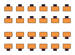 Ilustração de 24 carteiras escolares divididas em dois grupos virados de frente um para o outro. Cada grupo está organizado em duas fileiras com 6 carteiras em cada uma.