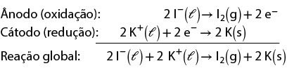 Esquema com 3 equações químicas. Primeira linha: Ânodo oxidação: 2 I sobrescrito negativo abre parênteses, l, fecha parênteses, seta aponta para I índice 2 abre parênteses, g, fecha parênteses mais 2 e sobrescrito negativo. Segunda linha: Cátodo redução: 2 K sobrescrito positivo abre parênteses, l, fecha parênteses mais 2 e sobrescrito negativo, seta aponta para 2 K abre parênteses, s, fecha parênteses. Terceira linha: reação global: 2 I sobrescrito negativo abre parênteses, l, fecha parênteses mais 2 K sobrescrito positivo abre parênteses, l, fecha parênteses, seta aponta para I índice 2 abre parênteses, g, fecha parênteses mais 2 K abre parênteses, s, fecha parênteses.