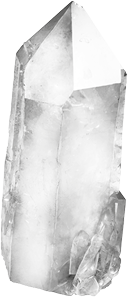 Fotografia de um cristal de quartzo transparente. Ele tem forma alongada, com superfície lisa e facetada, e com uma extremidade pontiaguda. Seu formato na base é hexagonal e nela há pequenos fragmentos de cristais menores.