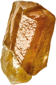 Fotografia de um cristal marrom-amarelado. Ele é alongado com formato retangular com uma superfície brilhante, facetada e levemente rugosa. A parte inferior do cristal é mais clara, com tons amarelados e traços esbranquiçados.