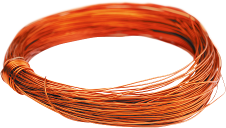 Fotografia de um rolo de fios de cobre. Os fios são finos com coloração laranja.