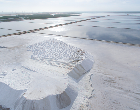 Fotografia de uma grande pilha de sal em uma área de extração de sal marinho. Há um monte branco de sal com textura irregular e superfície parcialmente lisa. Ao fundo, há vários copos d’água retangulares separados por faixas de terra.