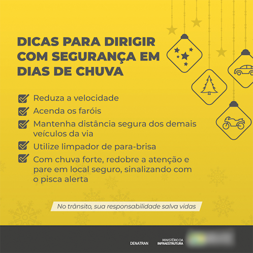 Cartaz com o título: DICAS PARA DIRIGIR COM SEGURANÇA EM DIAS DE CHUVA. Abaixo, há cinco dicas escritas com marcadores em forma de check, sendo elas: Reduza a velocidade. Acenda os faróis. Mantenha distância segura dos demais veículos da via. Utilize limpador de para-brisa. Com chuva forte, redobre a atenção e pare em local seguro, sinalizando com o pisca alerta. Na parte inferior há o texto: No trânsito, sua responsabilidade salva vidas. O fundo é amarelo contendo enfeiteis suspensos com ilustrações de carro, moto, um pinheiro e estrelas.