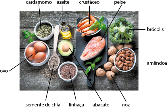 Fotografia de vários alimentos dispostos sobre uma mesa de madeira, e todos estão nomeados. Há ovos, cardamomo, azeite, crustáceo, peixe, brócolis, amêndoa, noz, abacate, linhaça, e sementes de chia.