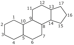 Estrutura química formada por linhas que formam três hexágonos regulares e um pentágono regular. Há números indicados em todos os vértices das figuras. À esquerda está o primeiro hexágono, e nele os números indicados nos vértices, em sentido anti-horário, começando pelo vértice superior é: 1, 2, 3, 4, 5 e 10. O lado com vértices 5 e 10 é comum com o segundo hexágono, que tem os seguintes vértices numerados, em sentido horário, a partir do 10: 9, 8, 7 e 6. O lado com vértices 9 e 8 é comum com o terceiro hexágono, que tem os seguintes vértices numerados, em sentido horário, a partir do 9: 11, 12, 13 e 14. O lado com vértices 13 e 14 é comum com um lado do pentágono, que tem os seguintes vértices numerados, em sentido horário, a partir do 13: 17, 16 e 15.