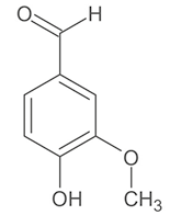 Estrutura química formada por símbolos de elementos químicos e linhas. Há um hexágono regular com linhas duplas alternadas em três de seus lados. O vértice superior do hexágono está ligado a duas linhas que formam um vértice, na qual, está ligado ao elemento O por uma linha dupla, e ao final da segunda linha está o grupo O H. Um dos lados inferiores do hexágono tem linha dupla, e nele um vértice está ligado a um grupo O H por uma linha simples; e o outro vértice está ligado por uma linha simples ao elemento O, que está ligado ao grupo C H índice 3 por uma linha simples.