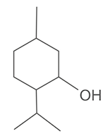 Estrutura química formada por símbolos de elementos químicos e linhas. Há um hexágono regular com vértice superior ligado a uma linha simples; o vértice inferior ligado a três linhas que formam um vértice; e o vértice inferior direito ligado ao grupo O H por uma linha simples.