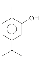 Estrutura química formada por símbolos de elementos químicos e linhas. Há um hexágono regular com um círculo dentro. E hexágono tem o vértice superior ligado a uma linha simples; o vértice inferior ligado a três linhas que formam um vértice; e o vértice superior direito ligado ao grupo O H por uma linha simples.