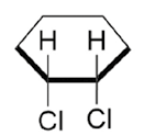 Estrutura química formada por símbolos de elementos químicos e linhas. Há um hexágono, a qual possui uma linha grossa em seu lado inferior e nos lados adjacentes a ele há um triângulo cheio. Os vértices da linha grossa estão ligados, cada um, a um elemento H acima e a um grupo C I abaixo, ambos por linhas simples.