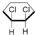 Estrutura química formada por símbolos de elementos químicos e linhas. Há um hexágono, a qual possui uma linha grossa em seu lado inferior e nos lados adjacentes a ele há um triângulo cheio. Os vértices da linha grossa estão ligados, cada um, a um elemento H abaixo e a um grupo C I acima, ambos por linhas simples.