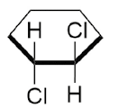 Estrutura química formada por símbolos de elementos químicos e linhas. Há um hexágono, a qual possui uma linha grossa em seu lado inferior e nos lados adjacentes a ele há um triângulo cheio. O vértice esquerdo da linha grossa está ligado a um elemento H acima e a um grupo C I abaixo, ambos por linhas simples. E o vértice direito da linha grossa está ligado a um elemento H abaixo e a um grupo C I acima, ambos por linhas simples.
