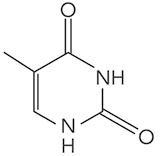Estrutura química formada por símbolos de elementos químicos e linhas. Há um hexágono regular com uma linha dupla em seu lado esquerdo, na qual tem o vértice superior ligado a uma linha simples. No lugar do vértice inferior e no lugar do vértice superior direito há um grupo N H. E o vértice superior e vértice inferior direito estão ligados a um elemento O por linhas duplas.