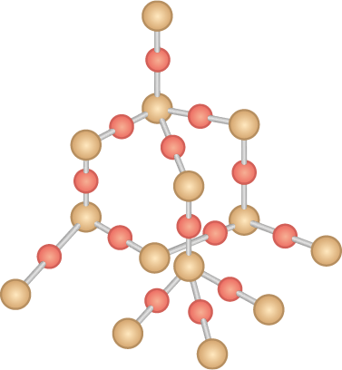Ilustração de uma estrutura tridimensional de esferas marrons e vermelhas conectadas por palitos. Ela é formada por uma sequência de esferas marrons intercaladas com esferas vermelhas, formando uma estrutura tridimensional.