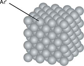 Ilustração de uma estrutura tridimensional composta por esferas cinzas organizadas em linhas e colunas obtendo formato semelhante ao de um cubo. Está indicado que cada esfera corresponde ao elemento A l.