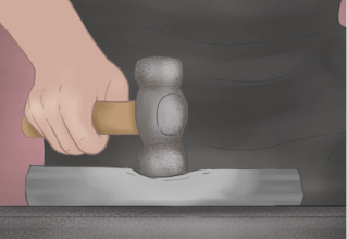 Ilustração de uma pessoa segurando um martelo em contato com uma peça de metal.