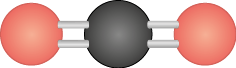 Ilustração de uma estrutura tridimensional composta por três esferas conectadas por palitos. No centro, há uma esfera preta conectada a duas esferas vermelhas, uma em cada lado. Cada conexão entre a esfera preta e as esferas vermelhas é dada por dois palitos paralelos.