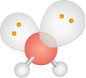 Ilustração de uma estrutura tridimensional composta por uma esfera central vermelha com dois palitos conectando a duas esferas brancas menores na parte inferior. No topo da esfera vermelha, há duas formas ovais brancas com pequenos pontos laranja em seu interior. As esferas brancas inferiores estão inclinadas, formando um ângulo entre si e com a esfera central vermelha.