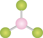 Ilustração de uma estrutura tridimensional composta por esferas conectadas por palitos. No centro, há uma esfera rosa e há três esferas verdes posicionadas ao redor da esfera rosa em formato triangular. Cada esfera verde está conectada a esfera rosa por um palito.