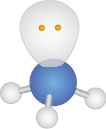 Ilustração de uma estrutura tridimensional composta por uma esfera azul no centro e uma forma oval branca acima dela. Na parte superior da forma oval branca, há dois pequenos pontos em laranja. Também há três esferas brancas conectadas à esfera azul por palitos, formando um padrão em forma de pirâmide.