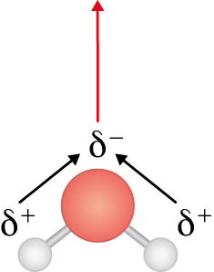 Ilustração de uma estrutura tridimensional composta por uma esfera central vermelha com dois palitos conectando a duas esferas brancas menores na parte inferior. As esferas brancas inferiores estão inclinadas, formando um ângulo entre si e com a esfera central vermelha. Para a esfera vermelha está indicado delta negativo, e para cada esfera branca está indicado delta positivo, e há uma seta saindo de cada delta positivo e apontando para o delta negativo. Acima da esfera vermelha também há uma seta vermelha apontando para cima.