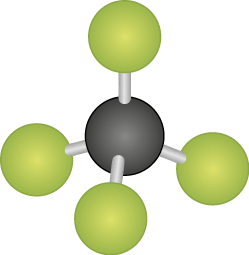 Ilustração de uma estrutura tridimensional composta por uma esfera preta central conectada a quatro esferas verdes por palitos. As esferas verdes estão distribuídas ao redor da esfera preta, formando uma estrutura simétrica com um arranjo em formato de tetraedro.