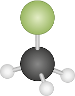 Ilustração de uma estrutura tridimensional composta por uma esfera preta central conectada a outras quatro esferas por palitos. Na parte superior, há uma esfera verde conectada à esfera preta e com tamanhos semelhantes. Na parte inferior e nas laterais, estão três esferas brancas menores, conectadas a esfera preta, compondo uma estrutura com arranjo semelhante a uma pirâmide.